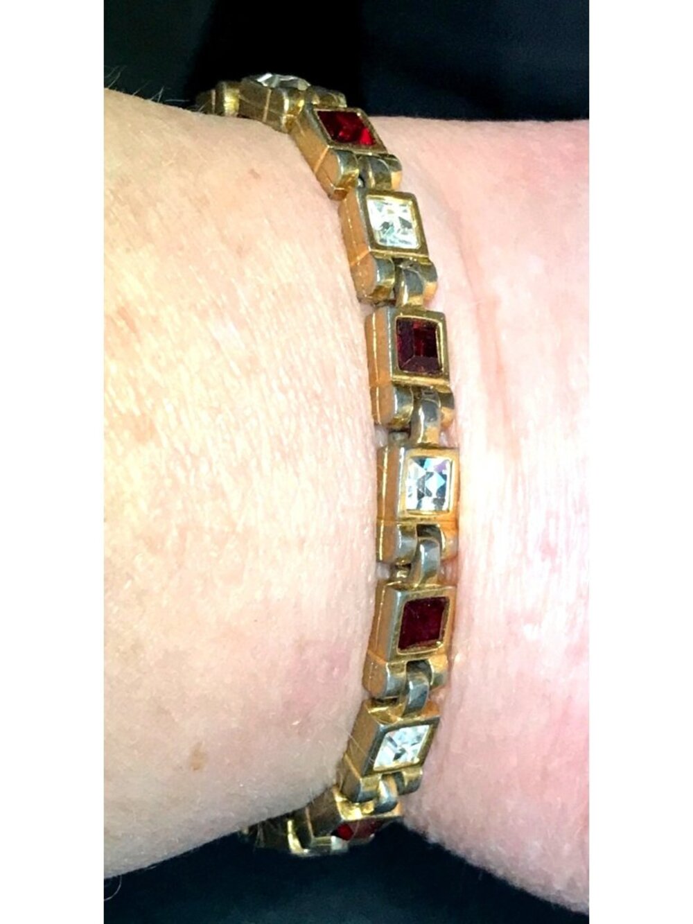 Vintage Gold Tone Tennis Bracelet with Square Red and Clear Rhinestones